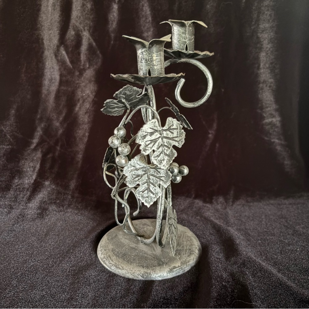 Vintage Silver Metal Candle Holder with Leaf Design